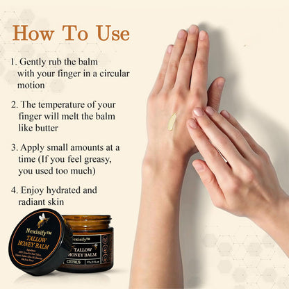 Organic Grass-Fed Beef Tallow Balm with Raw Honey - Handmade All-Natural Moisturizer for Soft, Smooth, Radiant Skin