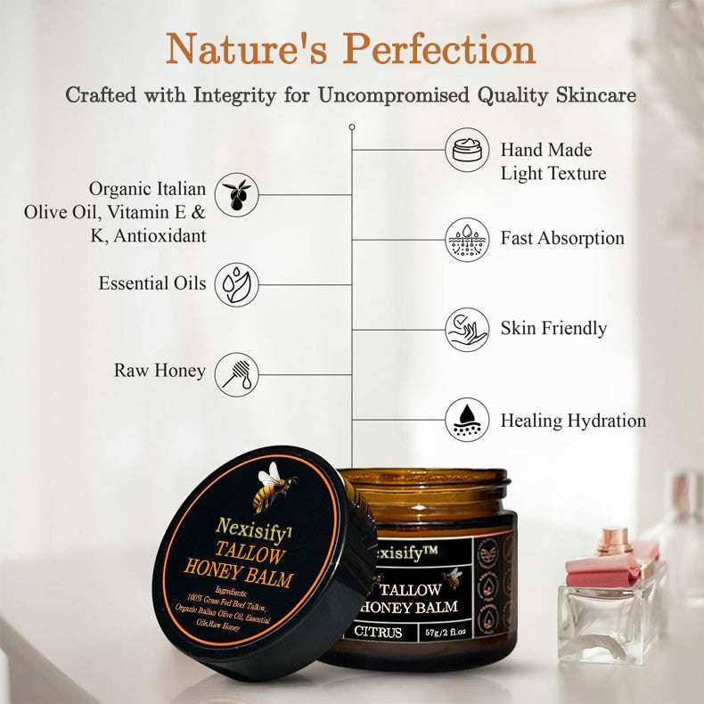 Organic Grass-Fed Beef Tallow Balm with Raw Honey - Handmade All-Natural Moisturizer for Soft, Smooth, Radiant Skin
